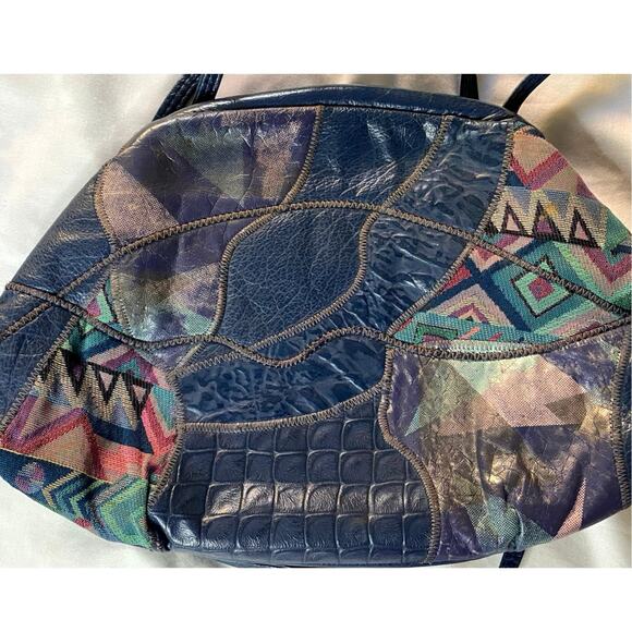 Vintage Patchwork Blue‎ Saks Fifth Handbag 80s USA Shoulder bag Leather - Picture 7 of 7